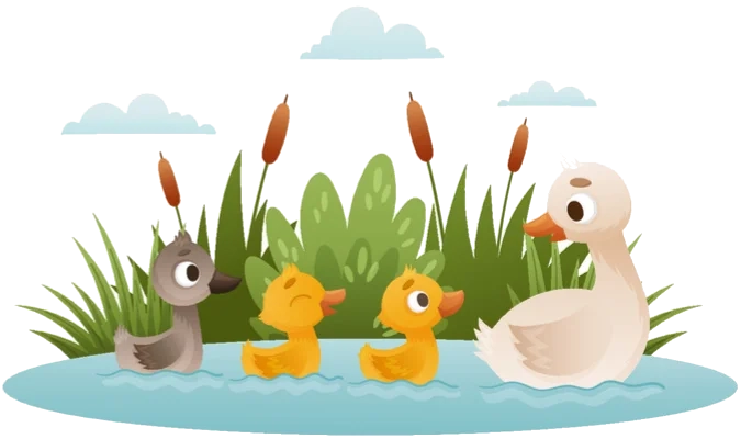 A duck family swimming together after a successful migration