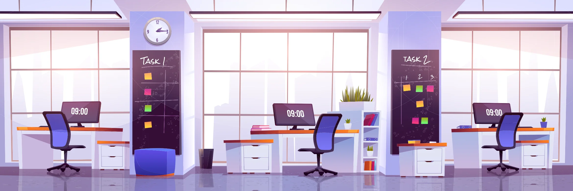 A clean, organized open office with several workstations