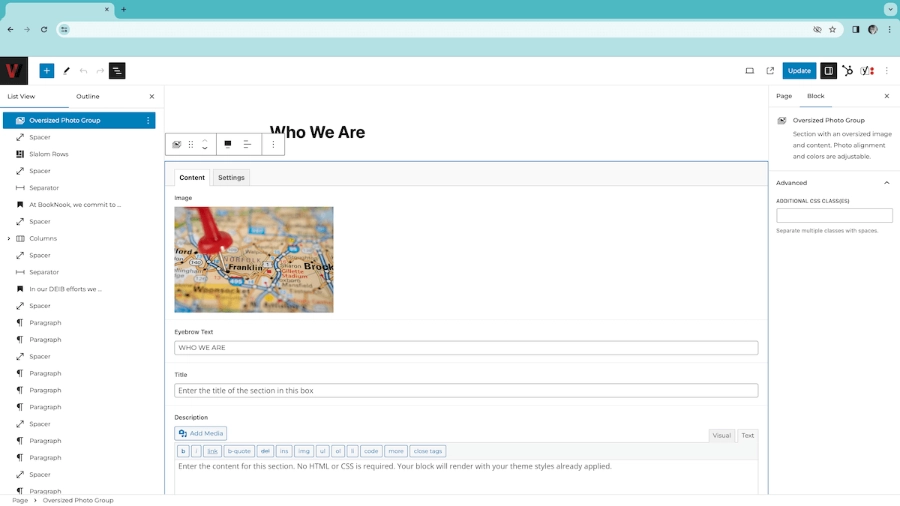 Editing a page in the WordPress block editor