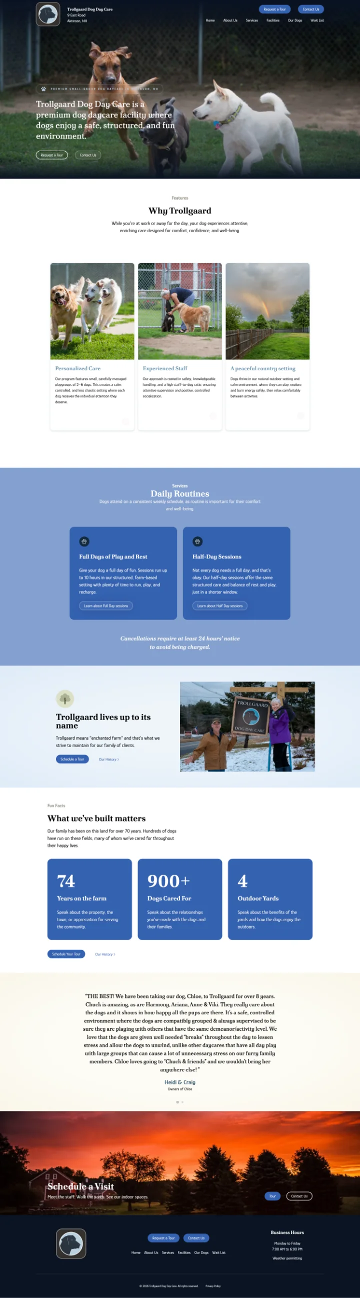 Screenshot of the Trollgaard Dog Day Care website homepage